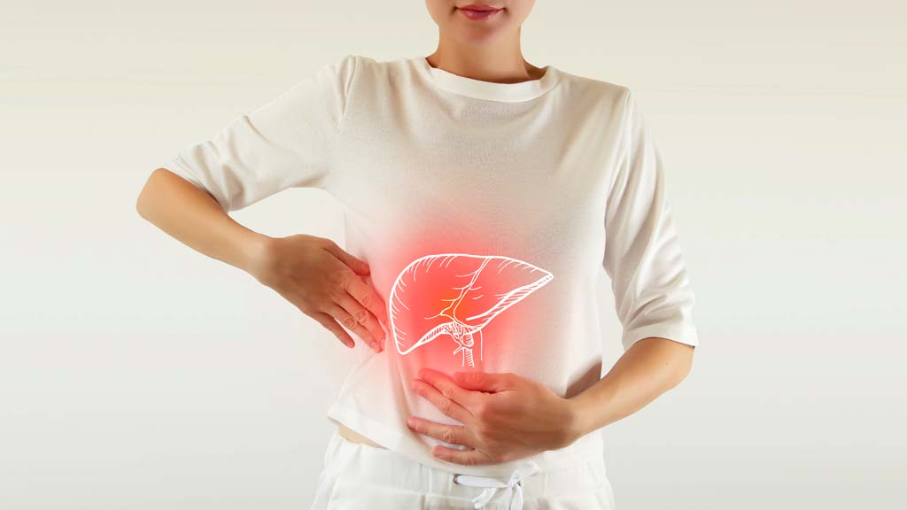 woman holding stomach with line drawing of her liver needing detoxification