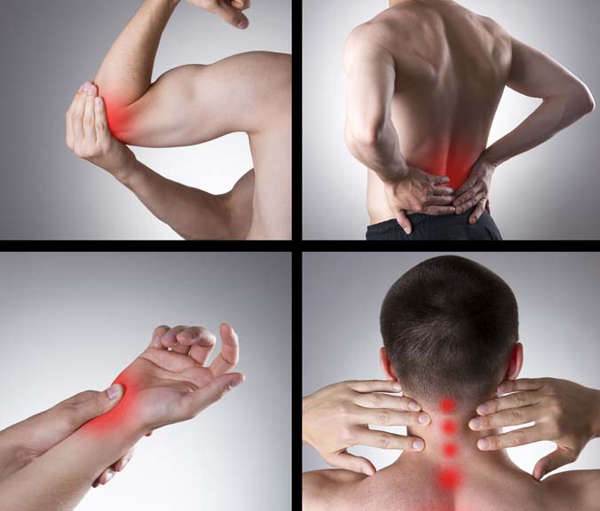 four images showing areas of the body where people feel muscle pain