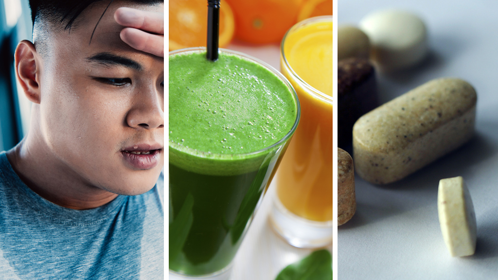 man sweating, three glasses of vegetable juice and supplements for detoxification
