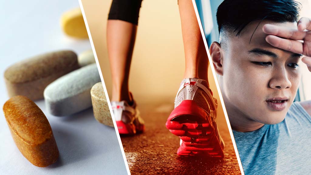 three images of medication, working out and running to relive stress
