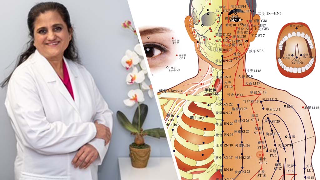 Malti Gupta stands next to a diagram showing acupuncture points for cold laster therapy treatment