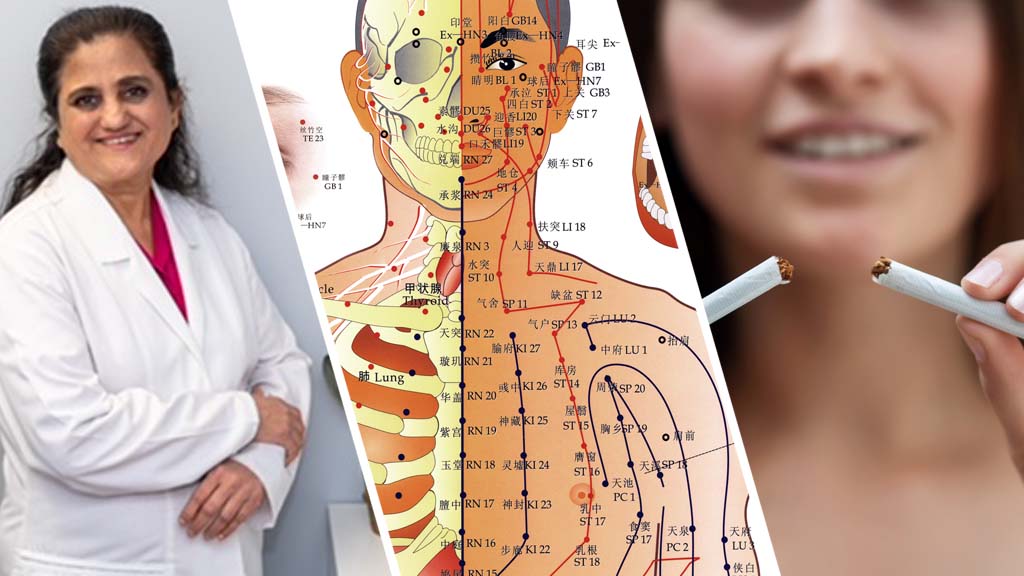 malti gupta from Safe Laser Therapy is next to an acupoint chart and a woman breaking a cigarette