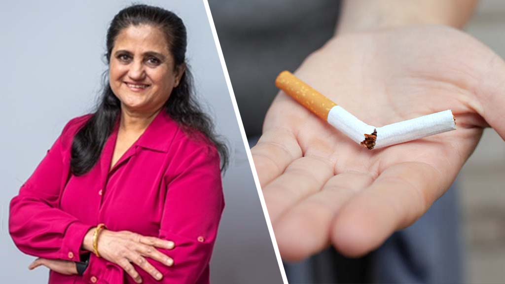 malti gupta split screen with a hand showing a broken cigaret from a person who has stopped smoking